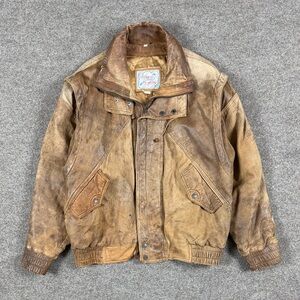 Vintage Heavily Distressed Brown Leather Bomber Jacket Men’s 42 Rugged Patina